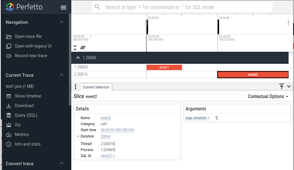 Perfetto timeline viewer with two events