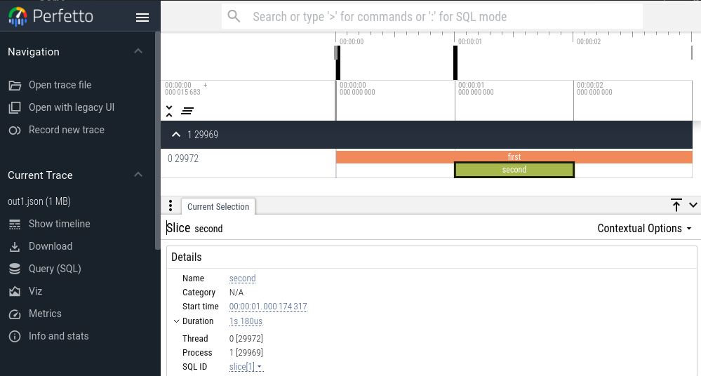 Perfetto timeline view from tracing example